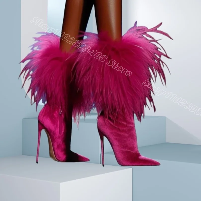 

Rose Red Fur Decor Short Boots Pointed Toe Flock British Style Design Women Fashion Dress Party Knee Boots Zapatos Para Mujere