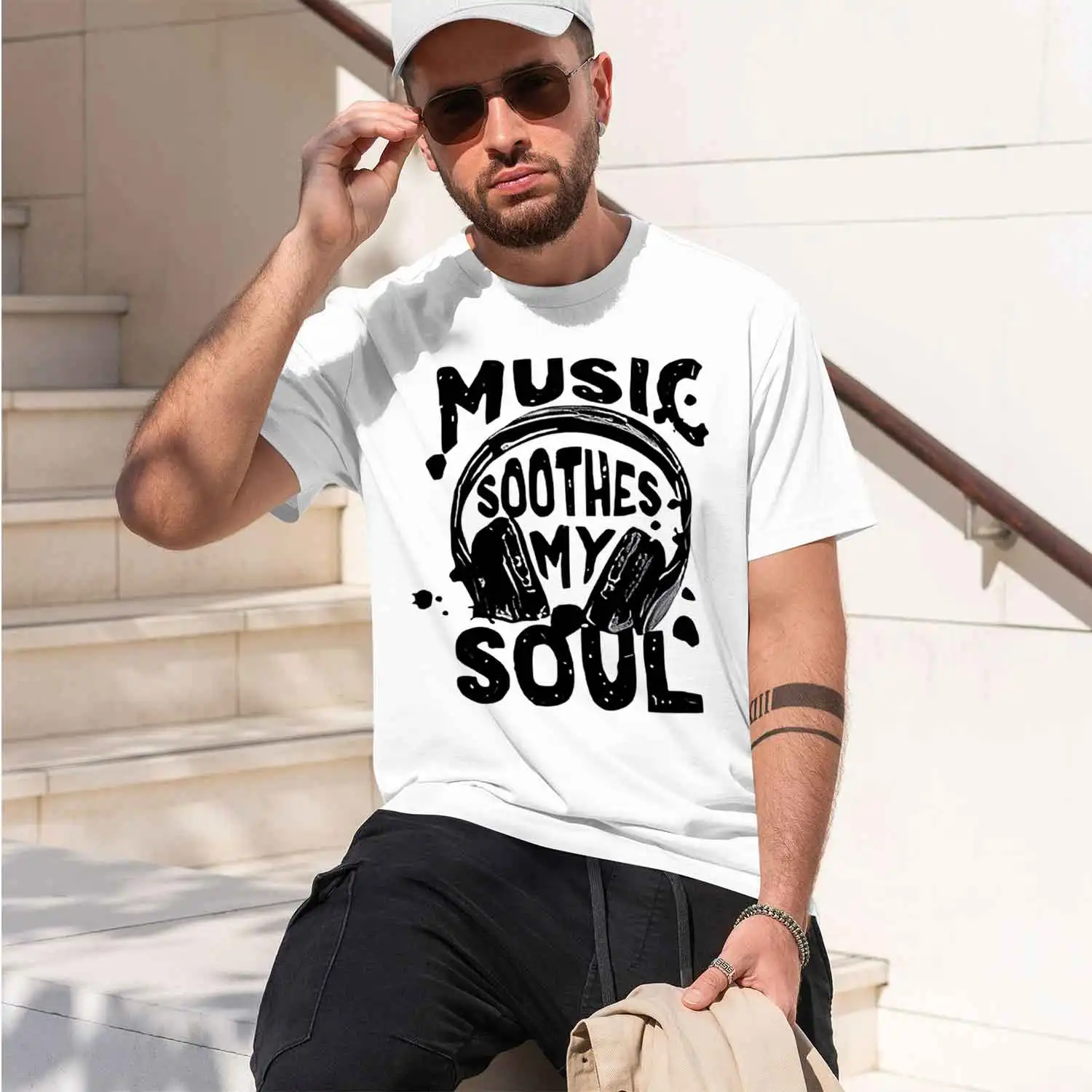 2026 New Model Men's Summer 100% Cotton Fashionable Casual Loose Soothing My Soul Pattern Printed Sports Round Neck Short Sleeve