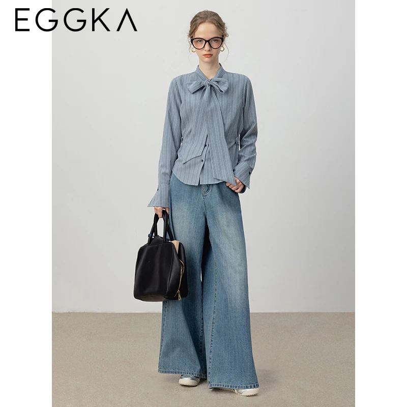 EGGKA Bow Bandage Striped Blouse Women\'s Autumn Casual Shirts Commuter Long-sleeve Shirt Korean Fashion OL Blue Blouse Camisas