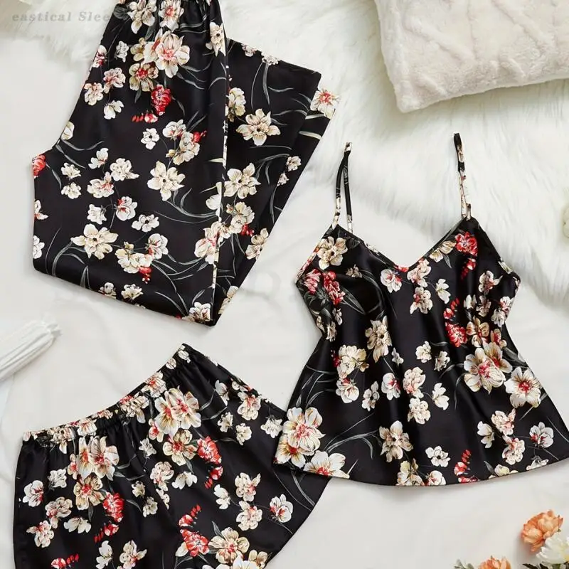 

Spring Summer New 3PCS Pajamas Set Sexy Strap Top Shorts Trouser Sleepwear Lingerie Loose Casual Pijamas Print Flower Homewear