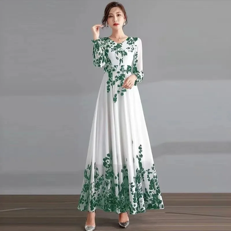 Ink Painting Long-Sleeved Chiffon Dress Women 2023 Spring Summer New Temperament Is Thin and Long Large Swing Holiday Long Skirt