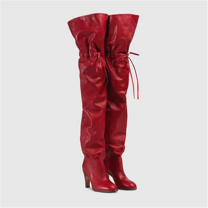 Autumn Winter Newest Slim Fit Red Leather Thigh High Boots Strap Long Spike High Heel Designer Plush Botines Shoes Woman 2023