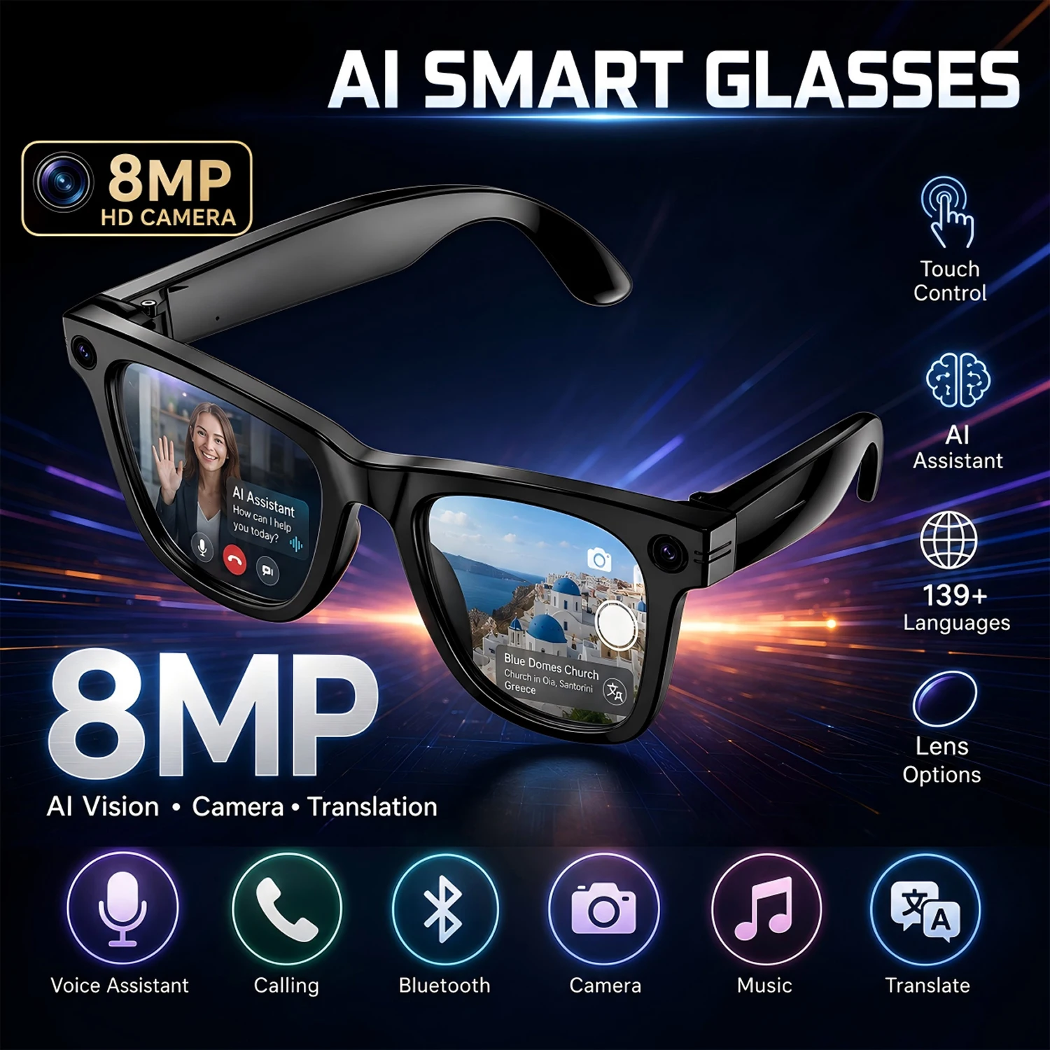 

Upgrade AI Smart Glasses with Camera 8MP HD Video Recording Translation Languages Voice Call Electronic Bluetooth Smart Eyewear