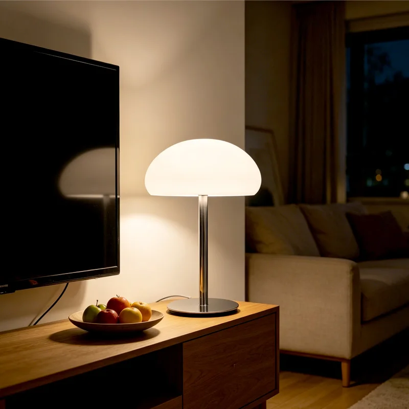 Modern Mushroom-Shaped Glass Table Lamp, LED Light with Chrome Base for Bedroom, Living Room, Decor