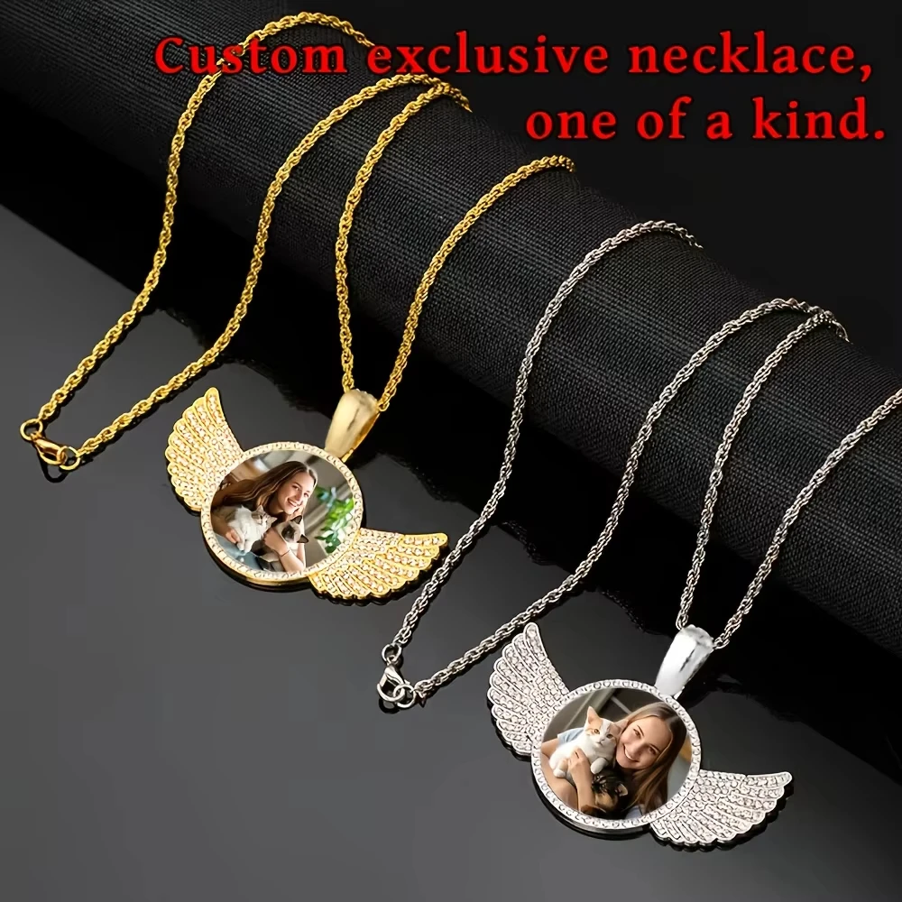 Personalisierte Foto-Engelsflügel-Halskette, Individueller Bildanhänger mit Tenniskette, Unisex-Erinnerungsschmuck für Männer & Frauen – Detail 10