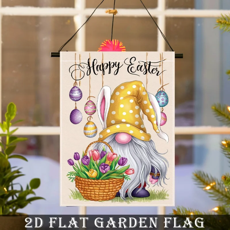 Easter Gnome Bunny Ear Garden Flag with Yellow Polka Dot Hat Happy Easter Lettering - Double-Sided Outdoor