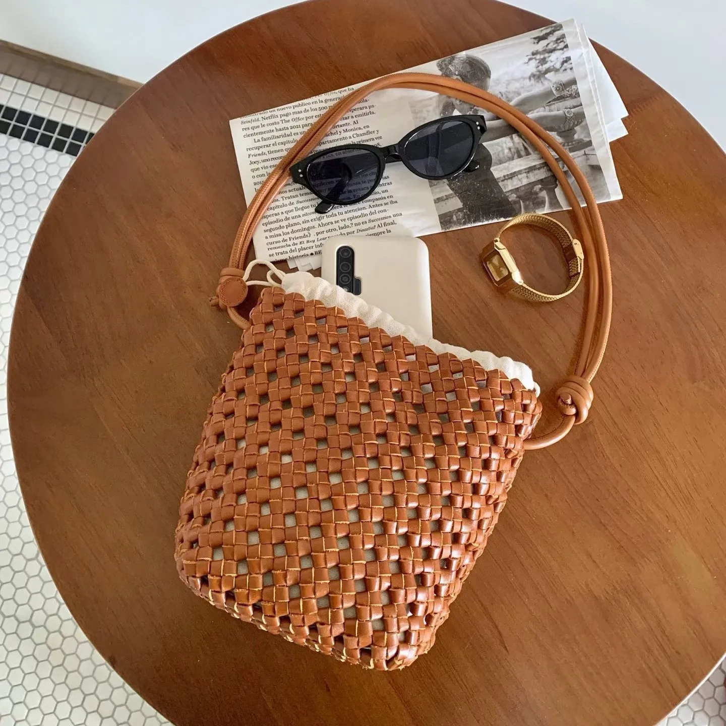 

FIRMRANCH Classic Versatile Soft Cowhide Pure Handmade Woven Hollow-out Drawstring Adjustable Women's Shoulder Crossbody Bag