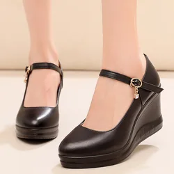 8cm Small Size 32-43 Fashion Shallow Genuine Leather Shoes Platform Wedges 2025 Spring High Heels Shoes Heeled for Office Mom