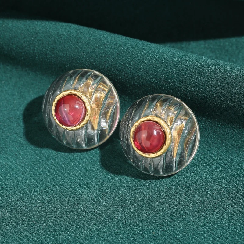 Vintage Pink Glazed Transparent Round Stud Earrings Elegant Generous Jewelry Brand Designer Trendy Design Daily Gift For Women