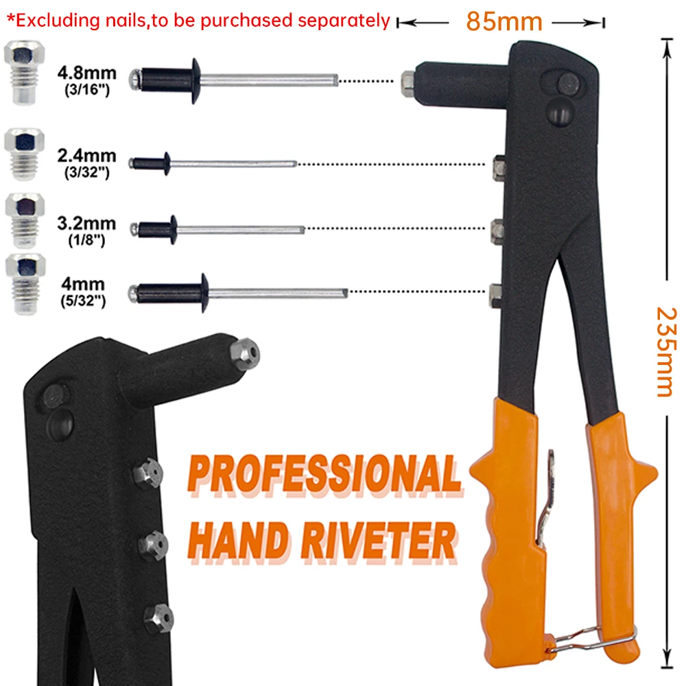 Heavy Duty Riveter Set, Rebite Pop Gun, Rebites Cegos Variedade Kit, Ferramentas Manuais, Rebitador Único, Ferramentas Nut, 2.4, 3.2, 4.0x6, 4.8x8, 200Pcs