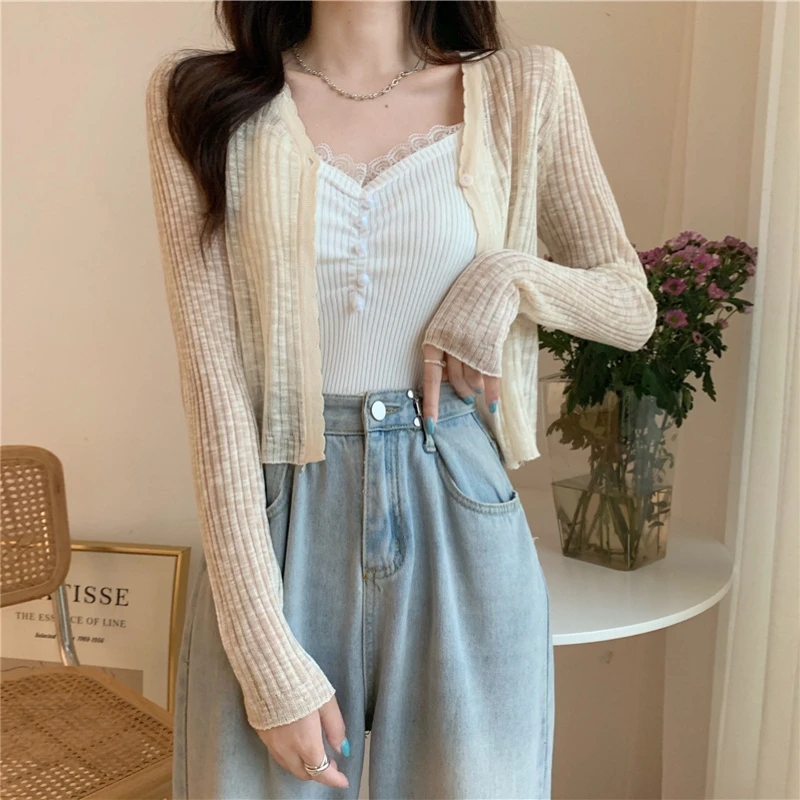 Sunscreen Cardigan Thin Women Ice Silk Knitted Tees Perspective Long Sleeve Top Overlay Simple Casual Slim Fashion Vneck T-shirt