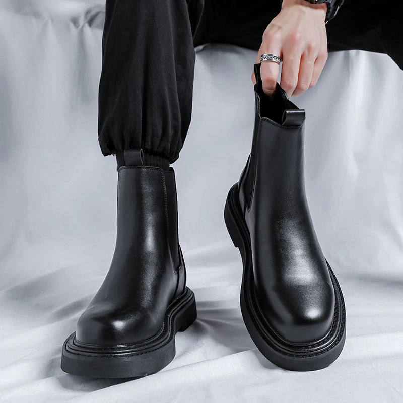 Men's Boots Fashion Casual Youth Student Boots British Style Thick Bottom Mid Help Chelsea Boots