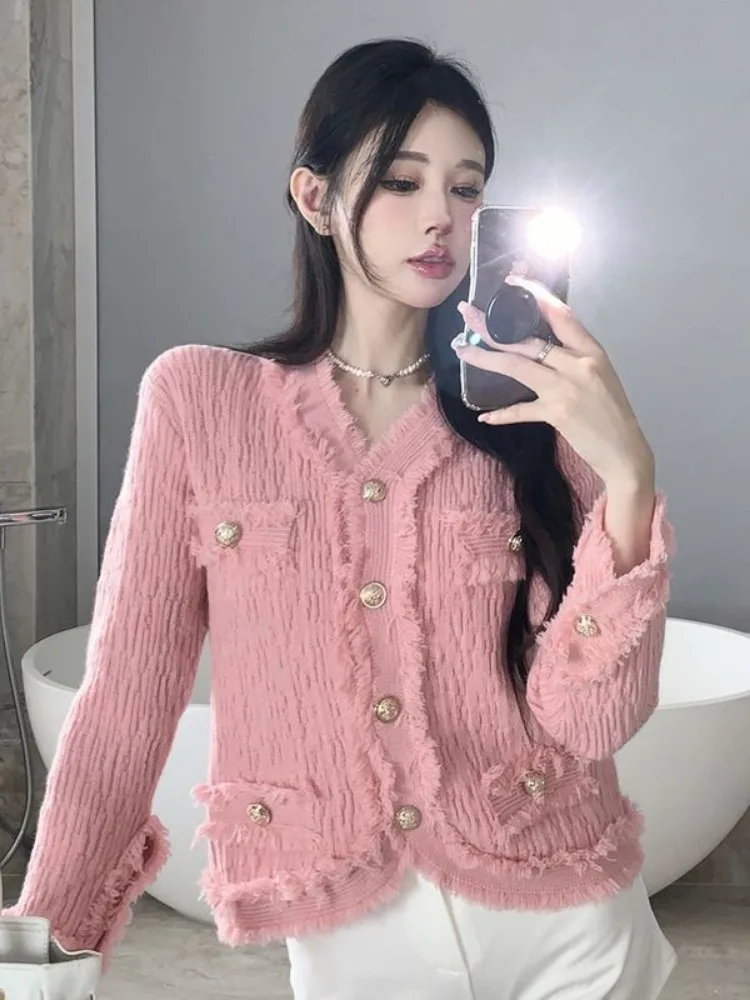 

Трендовый розовый кардиган с v-образным вырезом и бахромой, свитер для женщин, весенне-осенний топ с длинными рукавами, однобортный милый короткий жакет, новинка