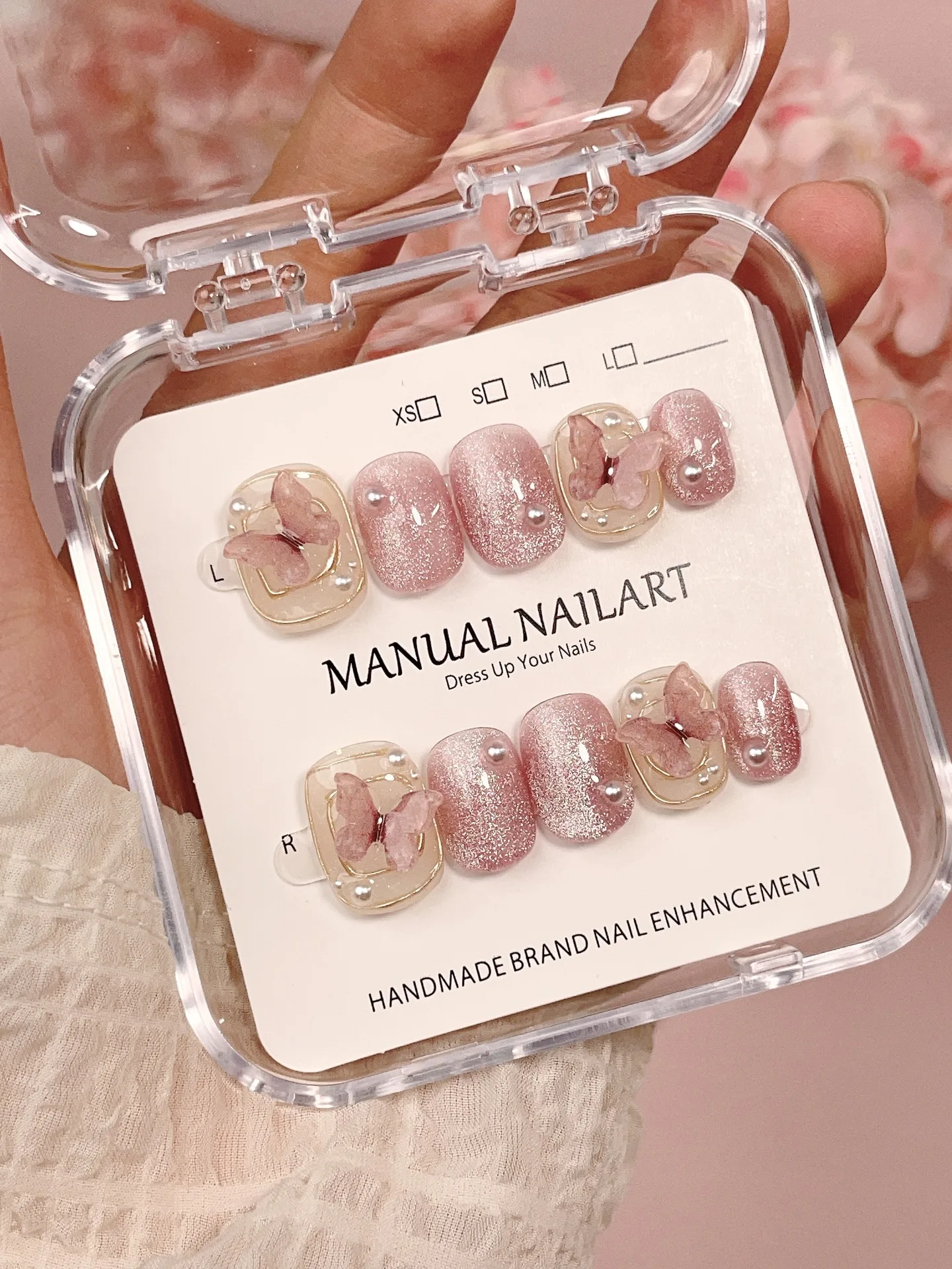 10pcs Cat's Eye 3D Ice Transparent Butterfly Hand-painted Press on Nails Manicure Wearable Nail for Women and Girls False Nail