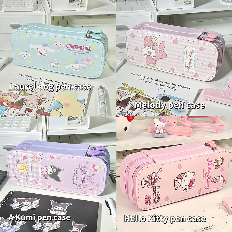 

Sanrio Pencil Case Cute PU Large Capacity torage Double Layer Kawaii Kuromi Cinnamoroll Melody Pencils Bag Supplies Stationery