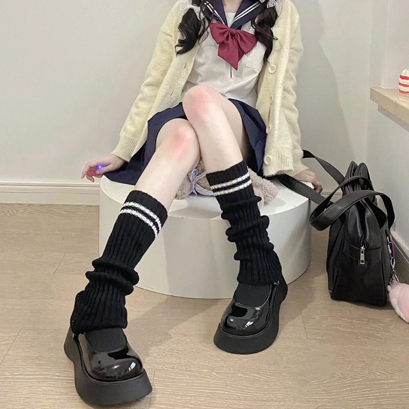 Women Student Double Striped Knit Leg Warmers Uniform Ribbed Boot Socks
