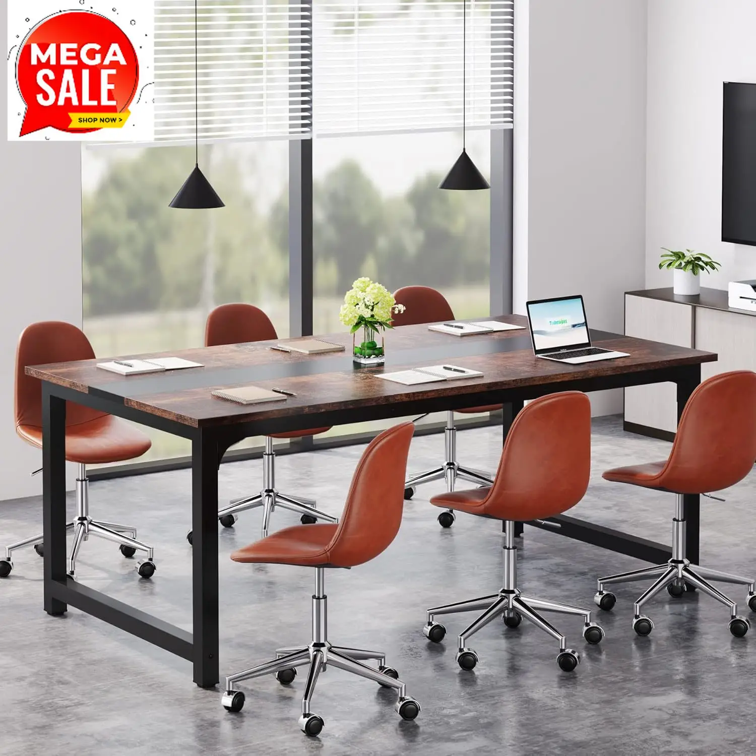 

Стол для конференций, прямоугольный стол для совещаний и семинаров, 6 футов, 70.8Д x 31.5Ш x 29.5В, коричневый/черный