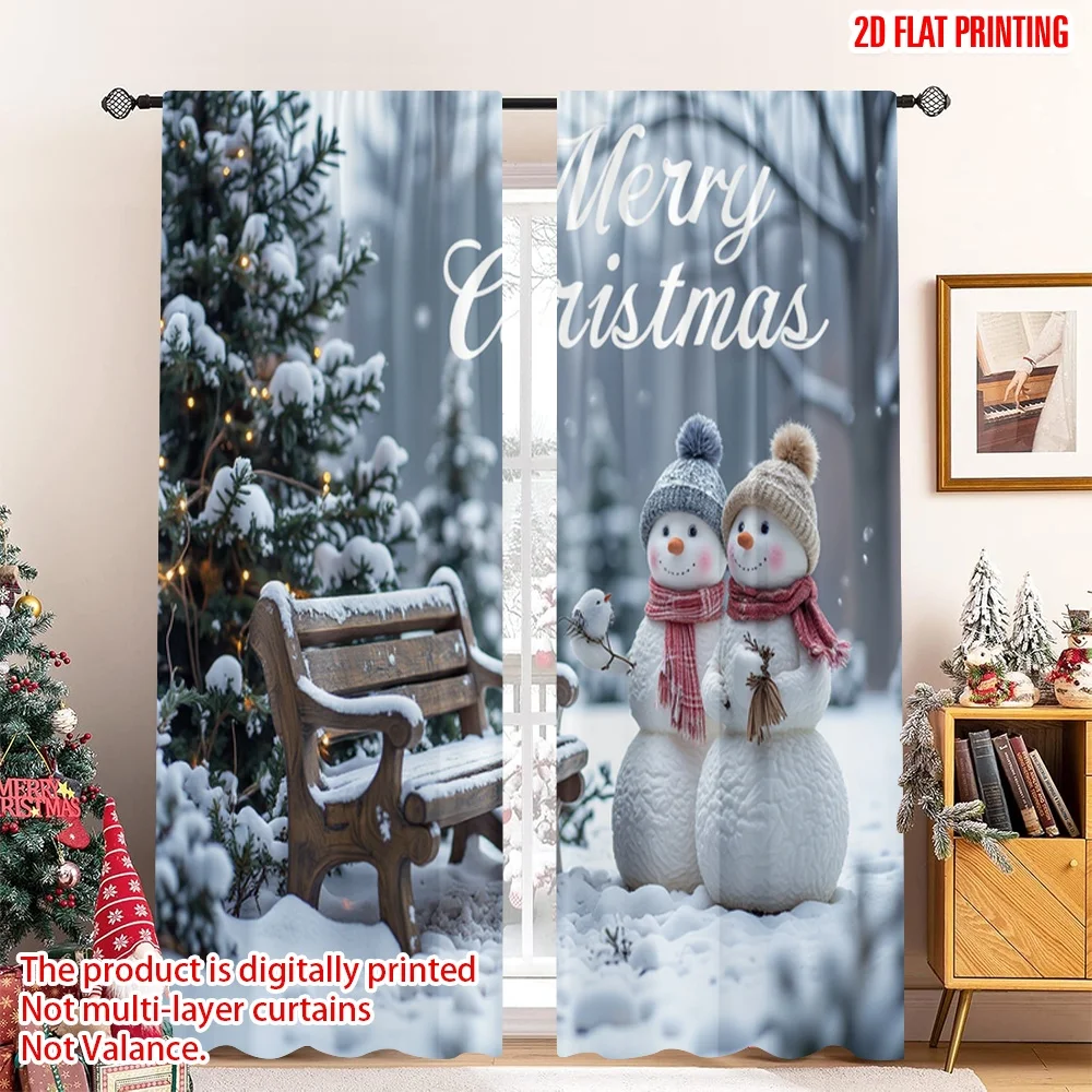 

2pcs 2D flat printing Merry Christmas Popular Window Curtains Merry Christmas Snowmen Winter Birds Fabric Without Electricity