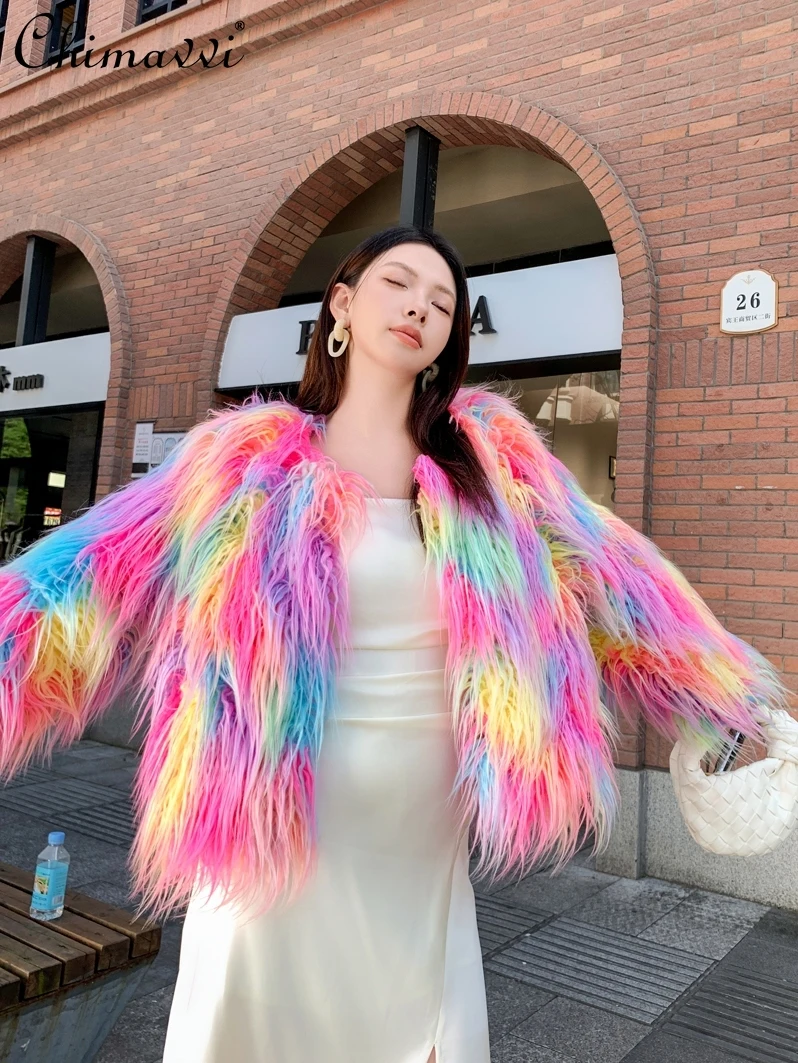 Autumn Winter High-End Colorful Tan Wool Women Long-Sleeved Coat Fashion Long Sleeve Imitation Lamb Wool Elegant Fur Jackets