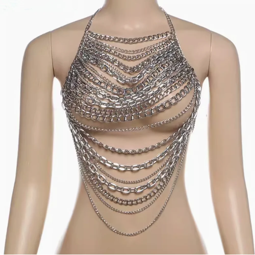 

2025 Summer Street Sexy Hollow Chain Splice Hanging Vest ort Metal Top for Music Festival Women's Tanks Top Mujer