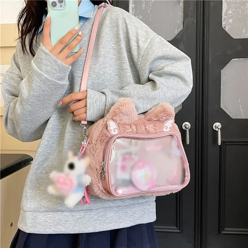 

Plush Womens Backpack Y2k Fluffy Cute Casual Transparent Ita Bag Fashion Kawaii Japanese Style Lolita Jk Shoulder Bag 2024 New