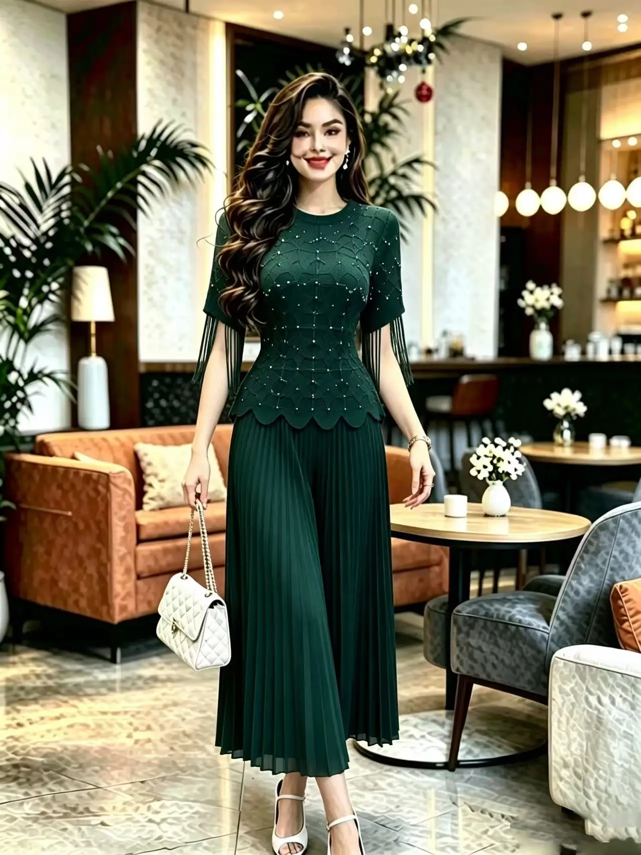 2026 Heavy Industry Bead Lantern Sleeve Pleated Set Long Pants Women's New Temperament Skinny Two-piece Pleated Set