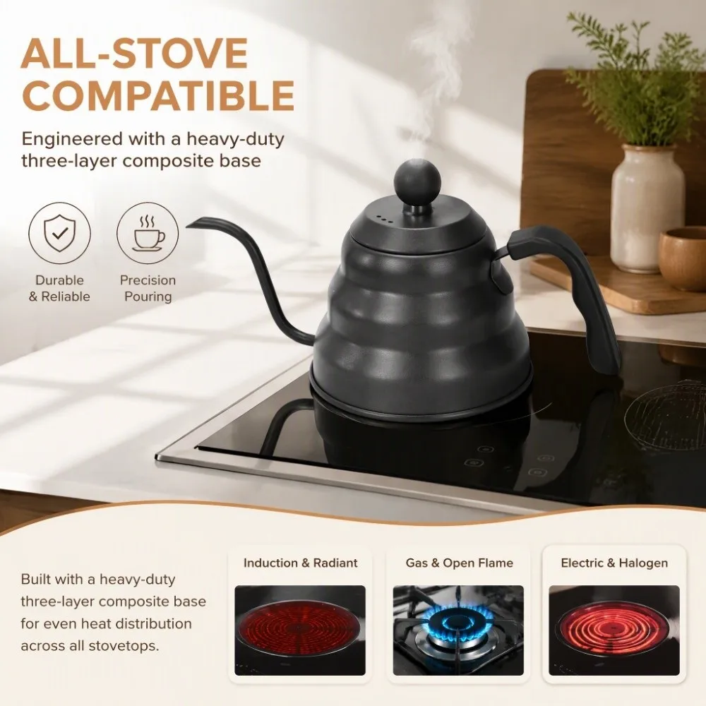 PTFE Coated Coffee Kettle 3-Layer Composite Base Stainless Steel Gooseneck Kettle 1L/1.2L Capacity Fine Mouth Pour Over Kettle