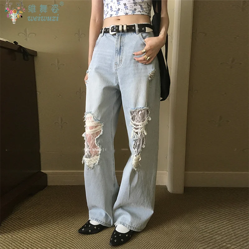 

Женские рваные кружевные джинсы с дырками, осенние ленивые свободные уникальные джинсовые брюки, дизайн Джокера, простые повседневные модные широкие брюки