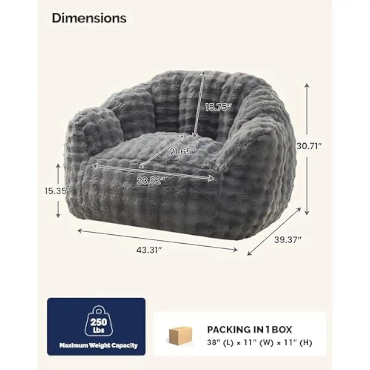 Giant Ergonomic Bean Bag Sofa with High-Resilience Memory Foam Core and Luxurious Faux Fur Cover for Adults Teens Comfort Seatin