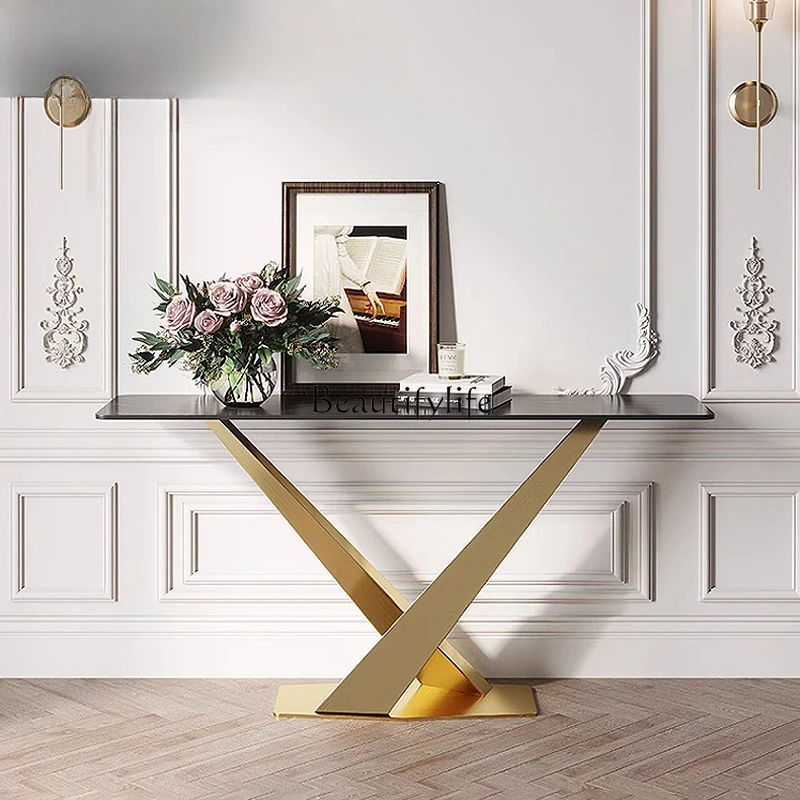 Light luxury stainless steel rock slab entrance table Art entrance table Wall decorative cabinet