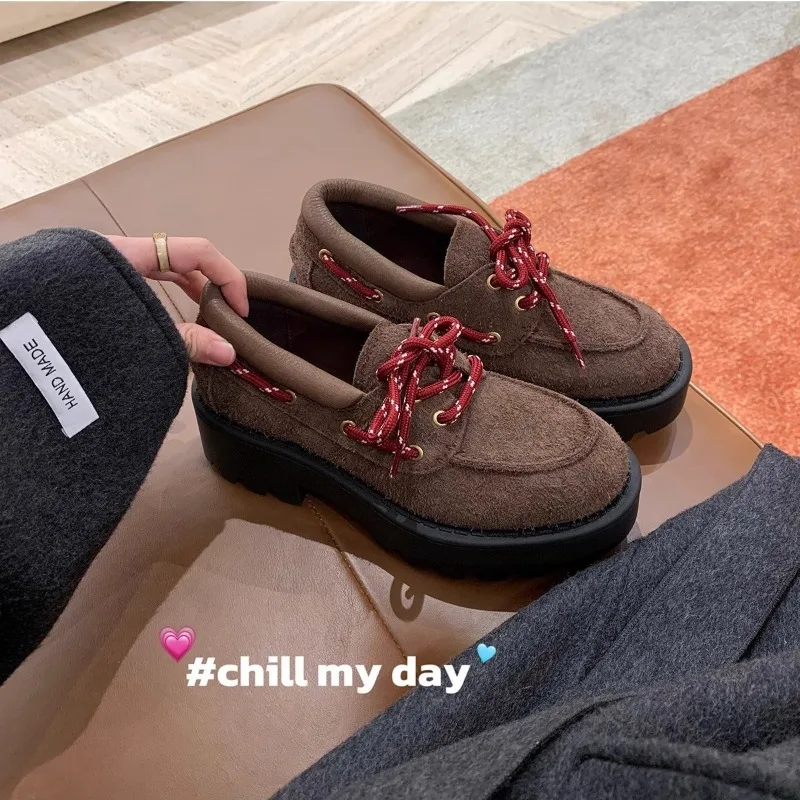 Women Genuine Leather Moccasins Thick Bottom Heightening Shoes Retro British Style Laced Brown Leather Flat Heels Comfortable