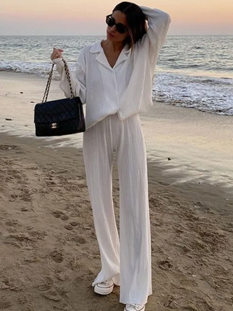 

White Casual Cotton Women's Pants Suit Full Sleeveless Lapel Single Breasted Buckles Shirt Set 2025 Summer Street Leisurewear