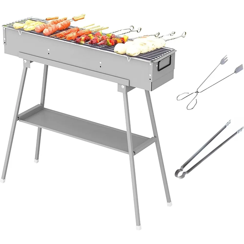 

Stainless Steel BBQ Grill with Foldable Stand Adjustable Air Vents, Kebab Skewer BBQ Barbecue Grill Kit (31.6x7.1inch)