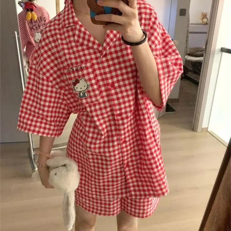 

Sanrio Cartoon Hello Kitty Pajamas Kawaii Anime Comfortable New Summer Cardigan Large Size Two-Piece Set Cute Girls Home Clothes