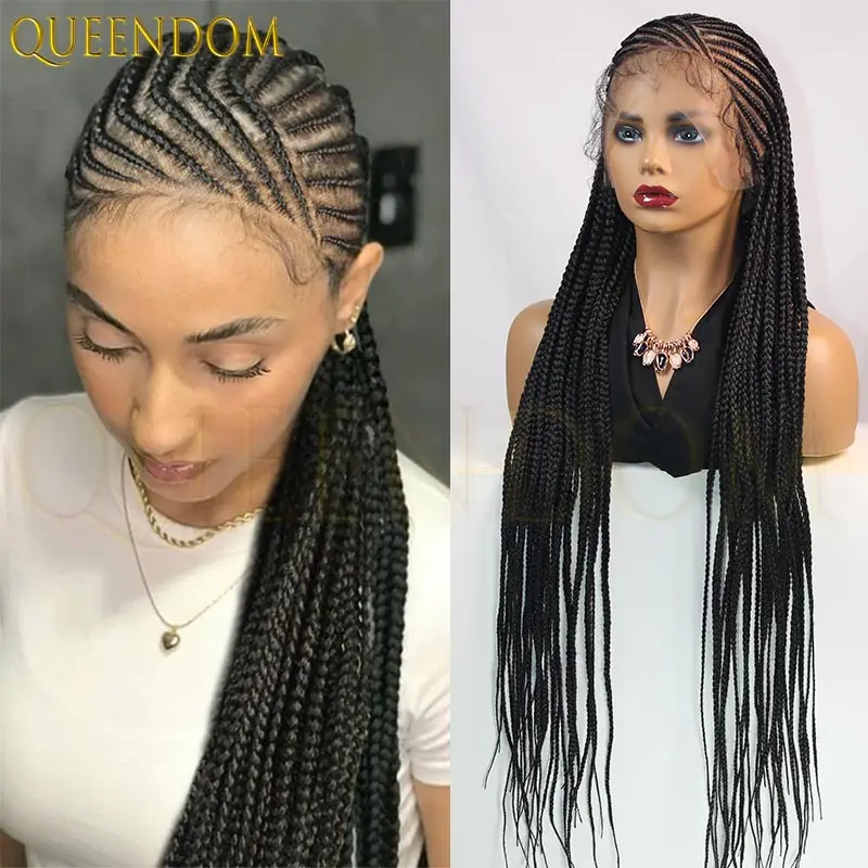 วิกผมแบบเต็มศีรษะขนาด 36 นิ้ว วิกผมสังเคราะห์แบบถักเปีย Faux Locs สำหรับผู้หญิงผิวดำ วิกผมแบบถักเปีย Goddess Box Braided วิกผมแบบถักเปีย Double Cornrow Lace
