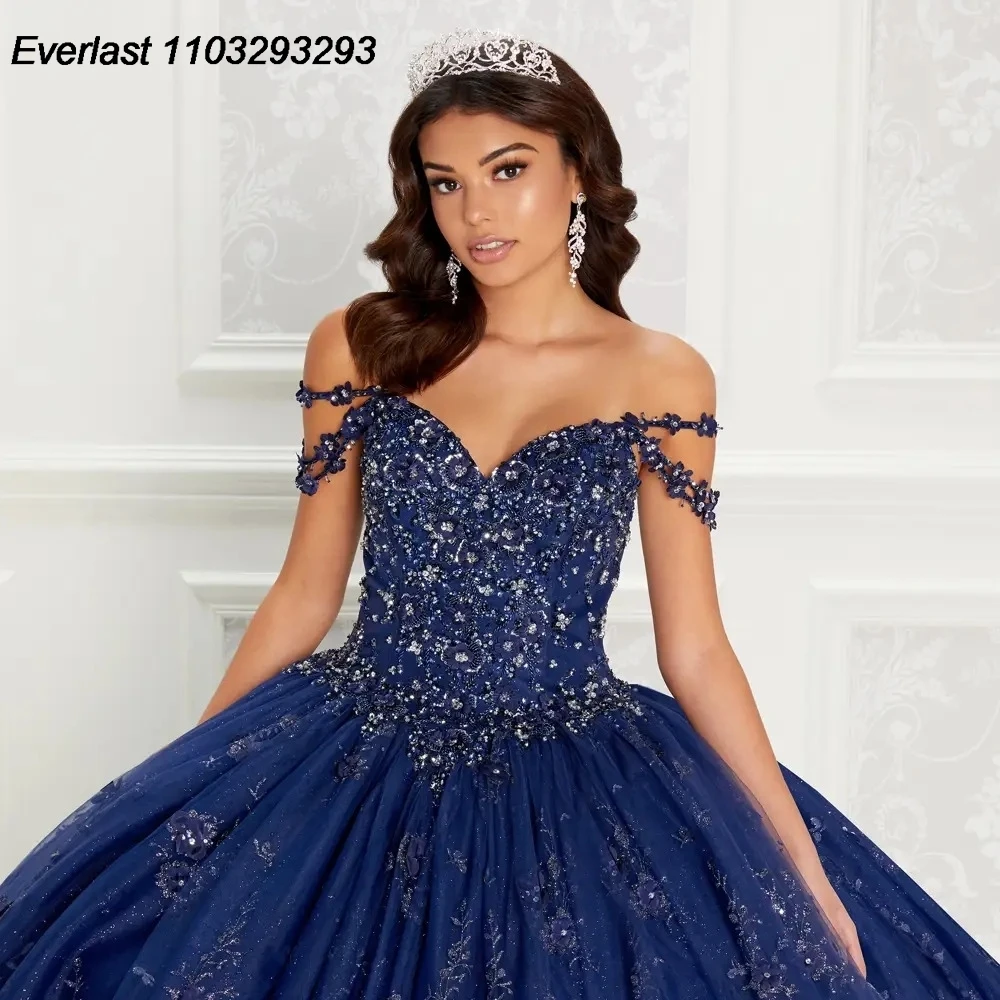 Evlast Glanzend Blauw Quinceanera Jurk Baljurk Appliqué Kralen Kristal Off Shoulder Mexican Sweet 16 Vestido 15 De Años Tqd215