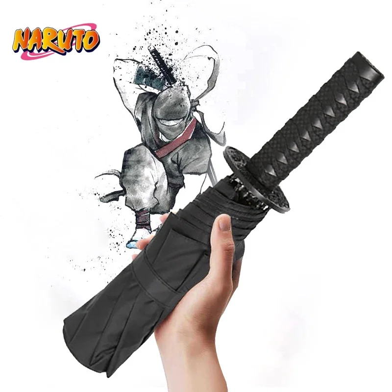 Naruto Cosplay Short Handle Umbrella Hand Movement Three Fold Umbrella Black Glue Anime Samurai Sword Handle Sunshade Umbrella