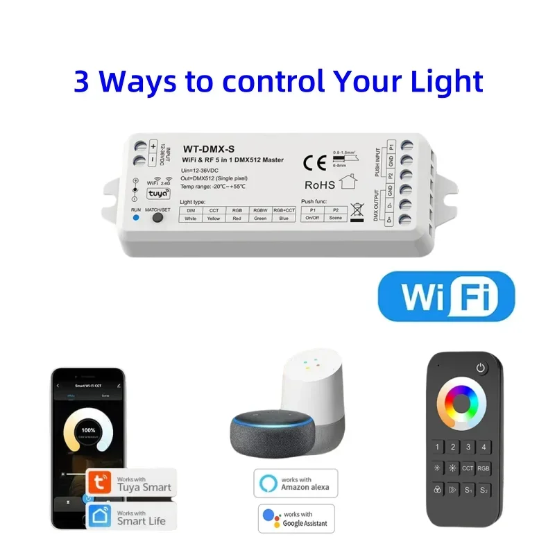 5 in1 Tuya WiFi RF DMX512 Master WT-DMX-S 5CH DMX Signal Output and RT5 Push Dimming Voice Smart Control 4Zone remote Controller