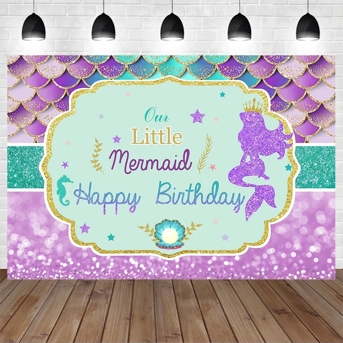 

Mermaid Princess One Birthday Party Photography Background for Girl Shell Pearl Purple Glitter Backdrop Baby Shower Photobooth