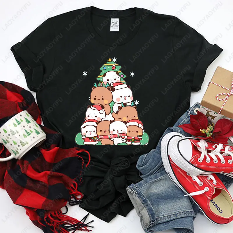 Kawaii Bubu Dudu Weihnachtsbaum Grafik T-Shirt Trendy Funny Cartoon Weihnachtsshirt Neuheit Urlaub Party Paar Baumwoll-T-Shirts