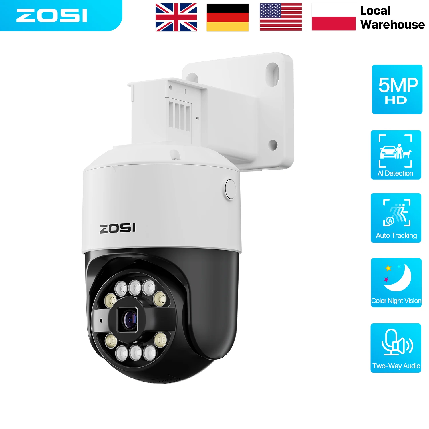 Cámara de Seguridad ZOSI 5MP PoE PTZ para Exteriores con Audio, IA, Detección Facial y de Vehículos, Visión Nocturna Starlight, Videovigilancia CCTV, Cámara IP C296