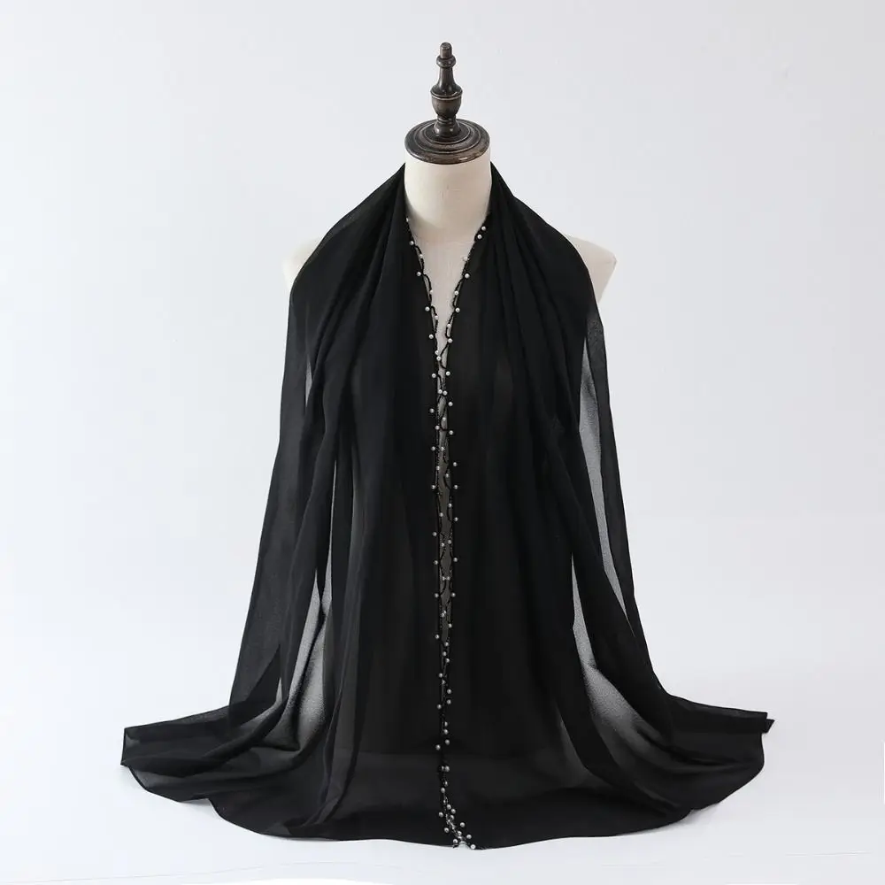 ผ้าคลุมศีรษะแบบอิสลาม ผ้าชีฟองยาว สไตล์ชาติพันธุ์ ประดับมุก ผ้าพันคอฮิญาบสำหรับผู้หญิง