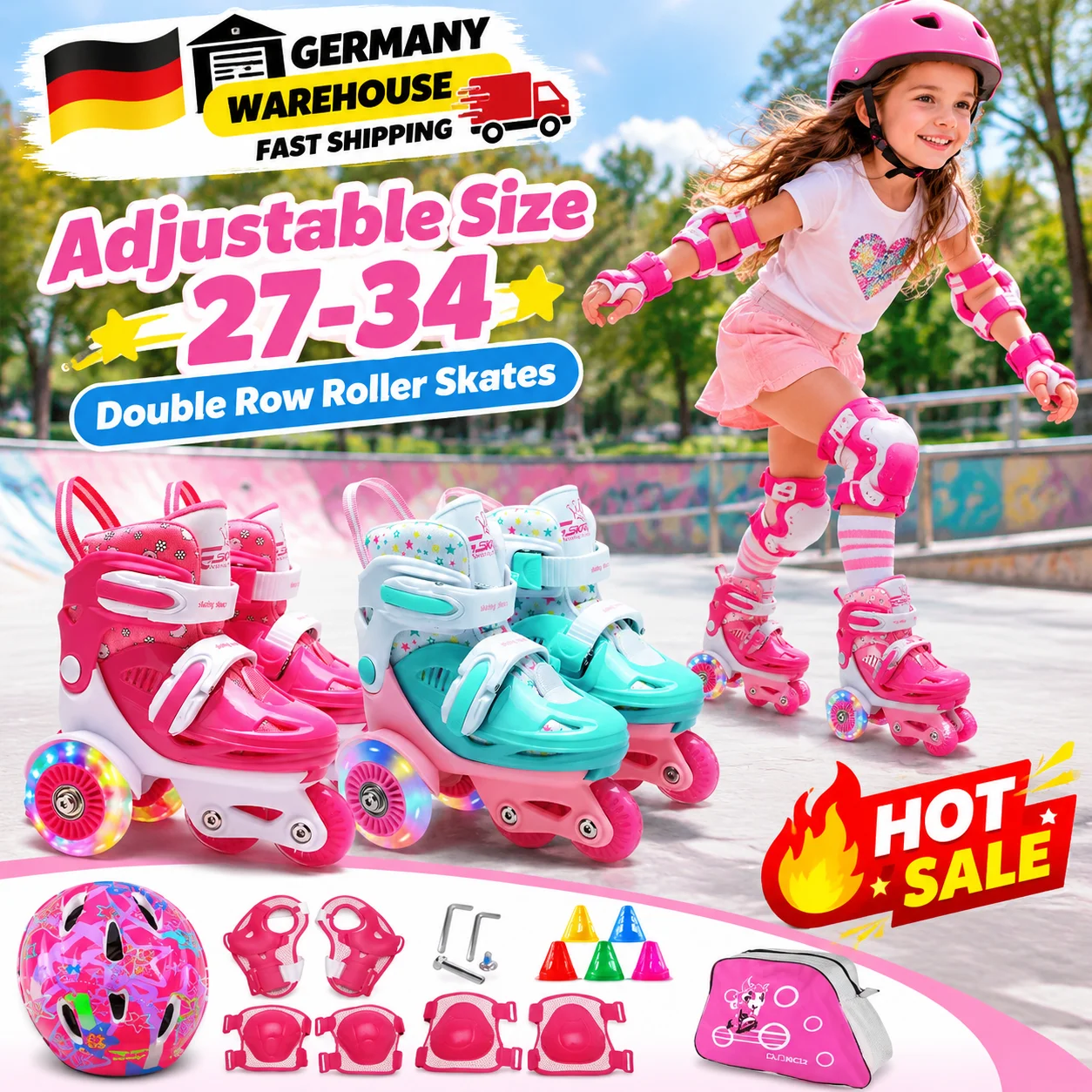 Inline-Rollschuhe für Kinder, Anfänger-Set, komplettes Set, mit leuchtenden, doppelreihigen Rollen, verstellbare Größe 27–34, leuchtende Rollen, atmungsaktives Innenfutter, Kinder-Rollschuhe mit