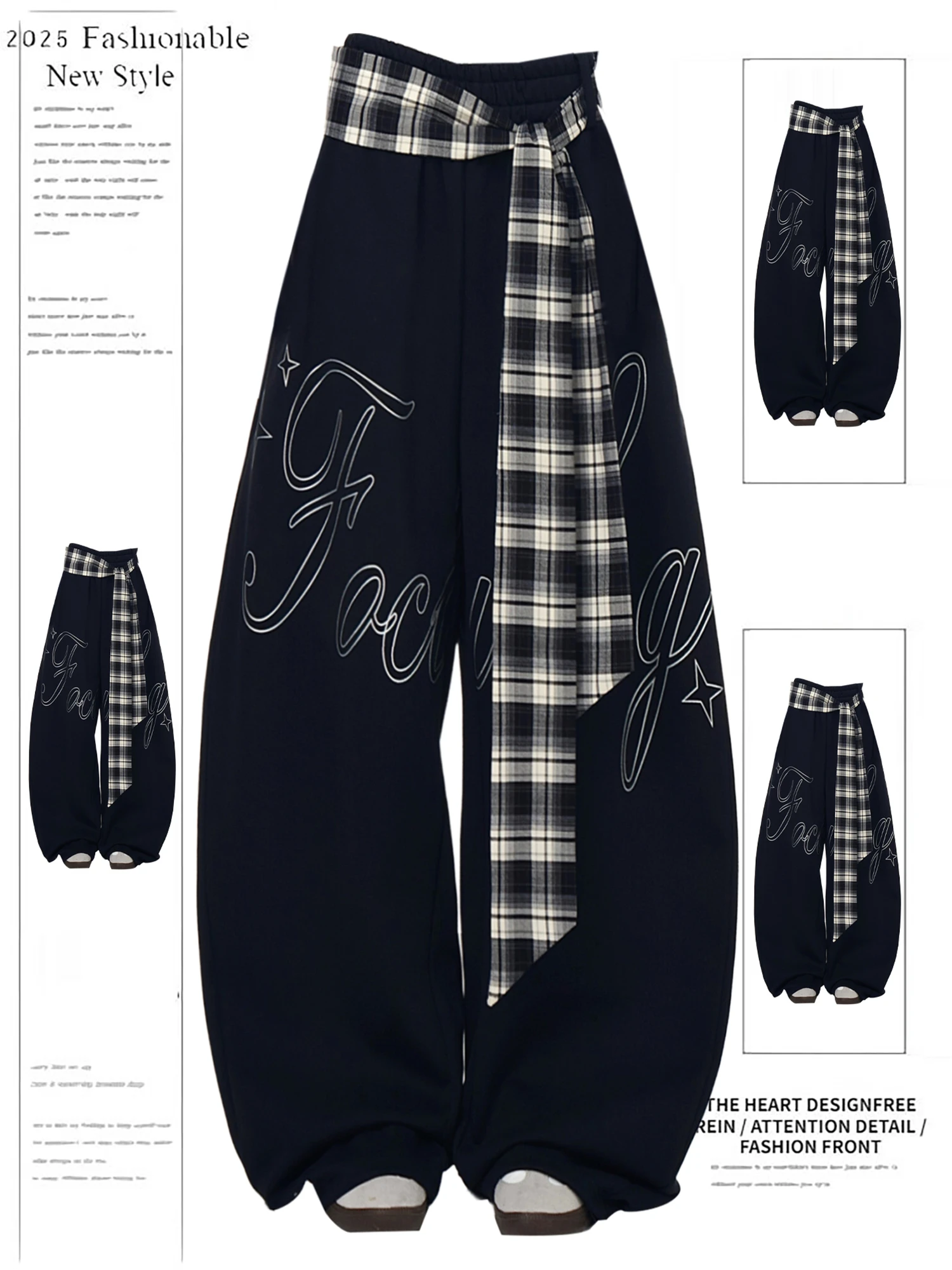 Y2K Women's Loose Wide Leg Pants Casual Black Trousers with Letter Print High Waist Comfy Streetwear Dance Pants