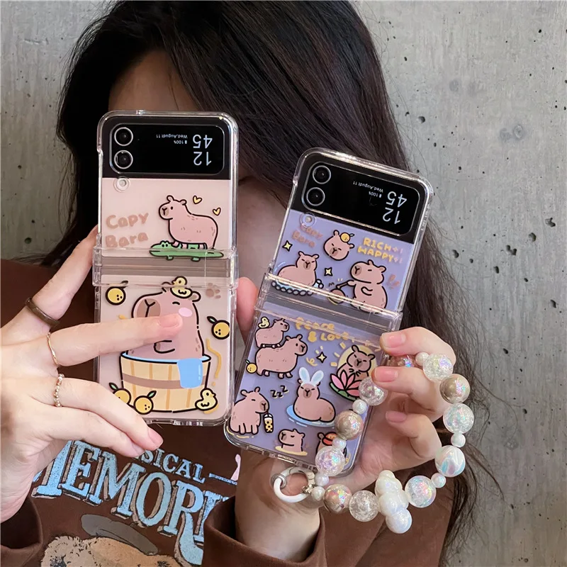 Cartoon Capybara Chain Phone Case for Samsung Galaxy Z Flip 6 5 4 3 Protective Back Cover for ZFlip4 ZFlip5 ZFlip6 Case Shell