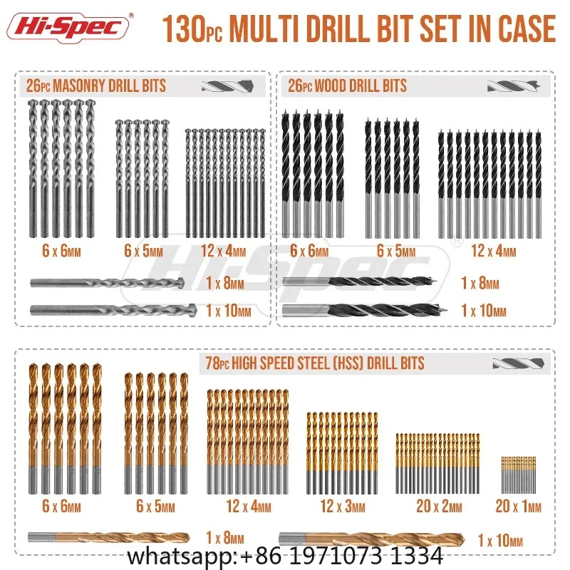 Hi-Spec 90-130pc Drill Bit Set Twist Wood Flat Masonry Drill Bits Electric Drill Hole Saw Kit for Metal Wood Concrete DIY Repair