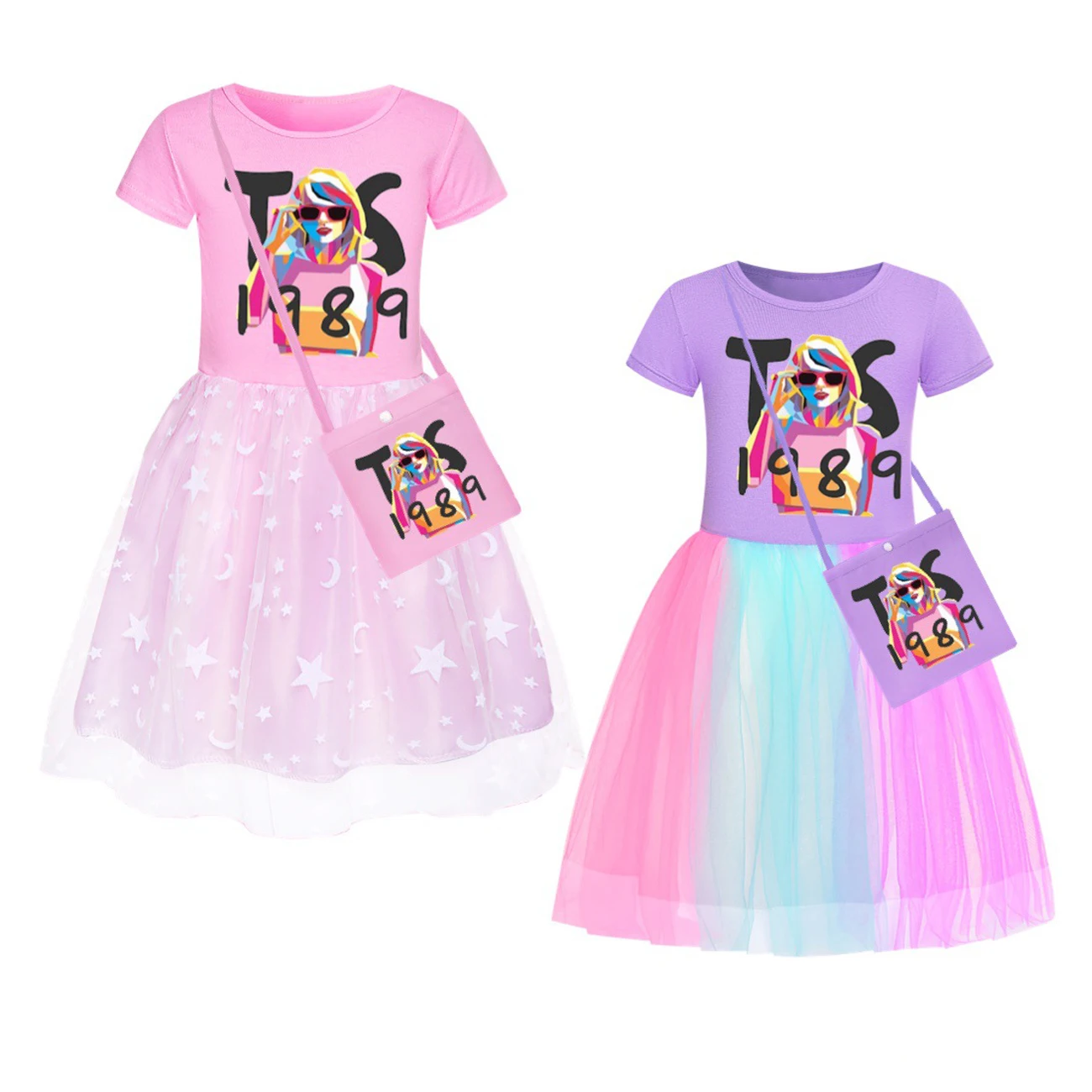 

Kids Dresses for Girls Taylor Swift Mesh Rainbow Lace Princess Dress Summer Short Sleeve Clothes Baby Birthday Party Vestidos