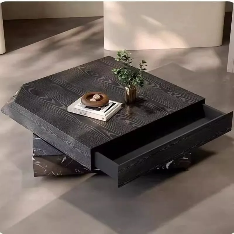 Italian minimalist coffee table rotatable drawer storage living room creative home wood grain high sense