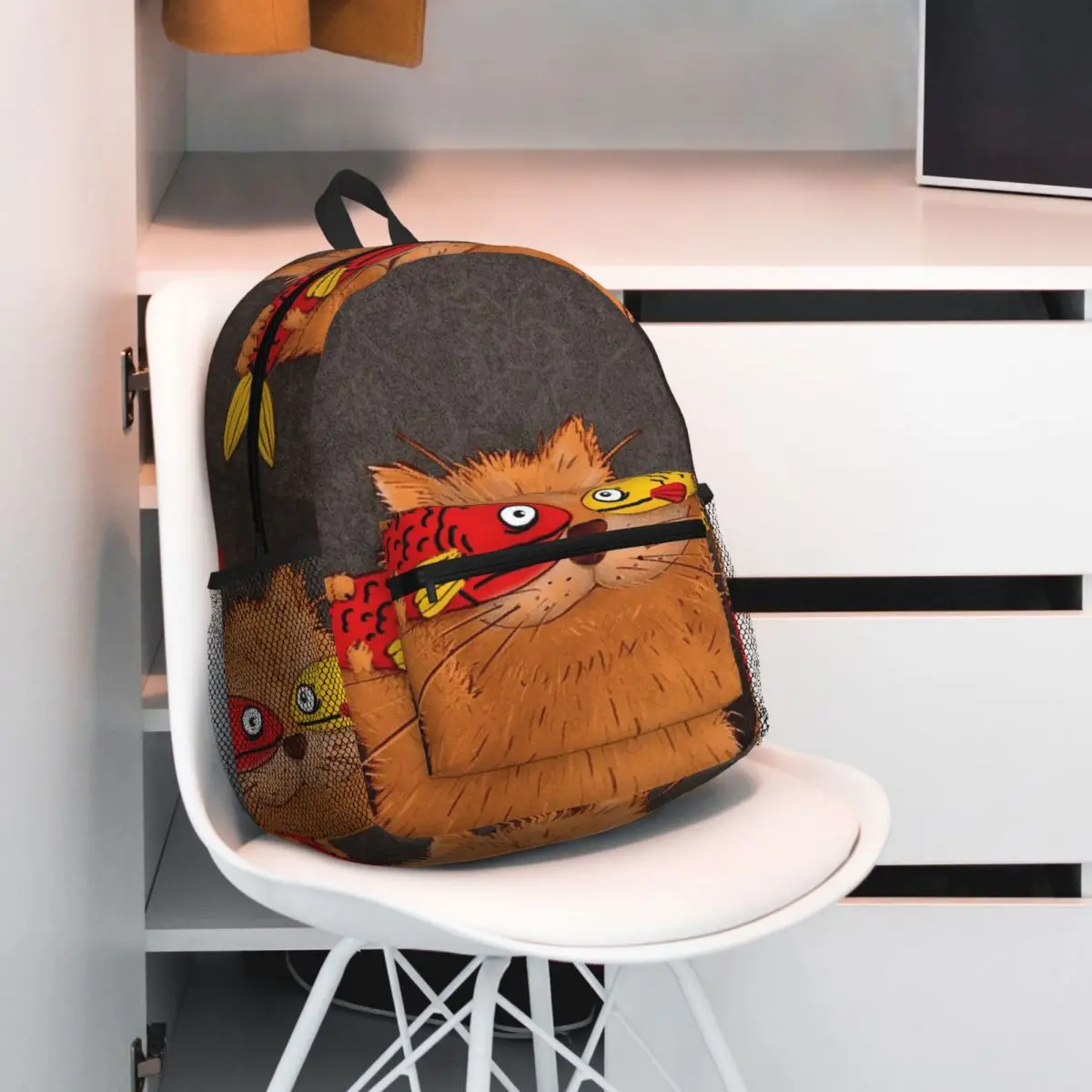 WhimsyCat Cartoon Cat With Fish Design 12 Backpack Student BookBag Children School Bag Laptop Shoulder Bags for Men Women