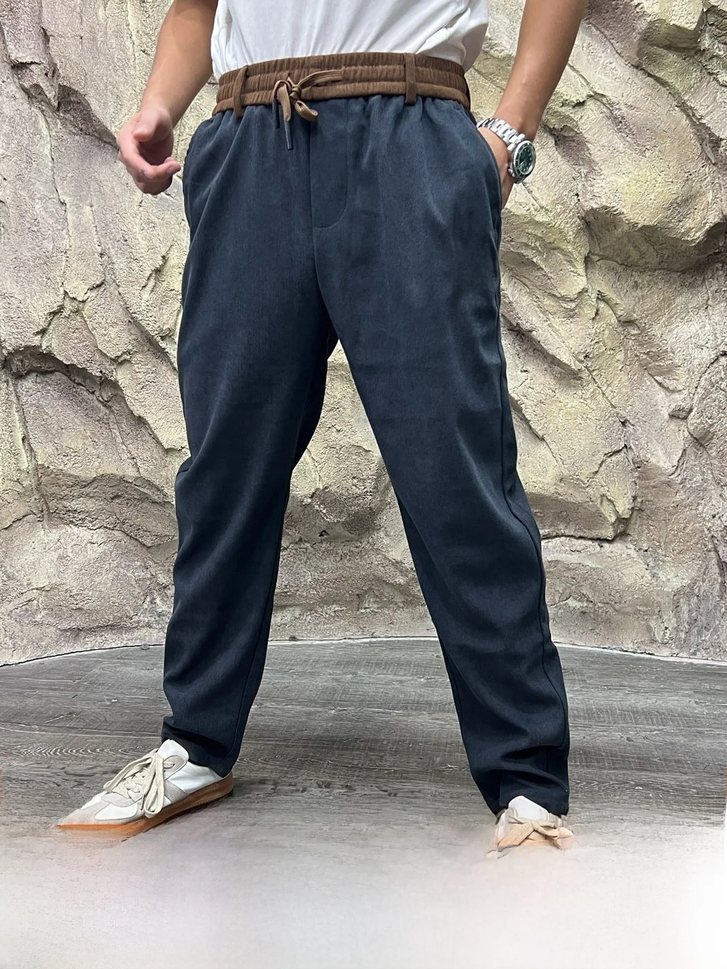 Embroidered Patchwork Corduroy Elastic Waist Sweatpants Casual Pants Men Autumn Soft Stretch Straight Leg Trousers